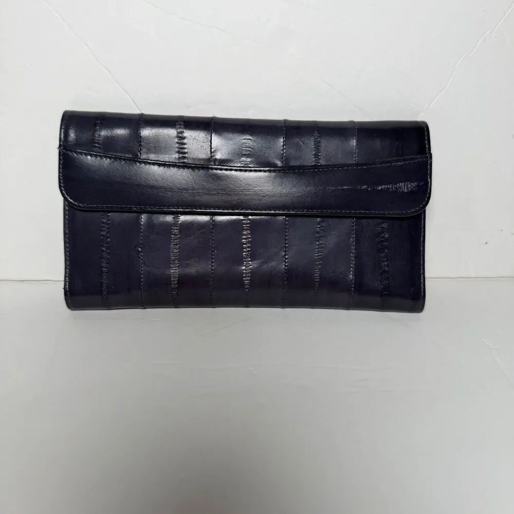 Vintage Blue Eel Skin Wallet Trifold Snap Zip Korea